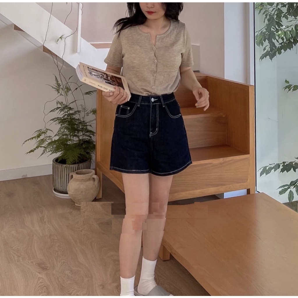 Quần Short Jean Chỉ Nổi PEONYB Nữ [FREESHIP] 🌸 Sooc đùi ống rộng cạp cao phong cách vintage đường phố hàn quốc Ulzzang 🌸 | BigBuy360 - bigbuy360.vn