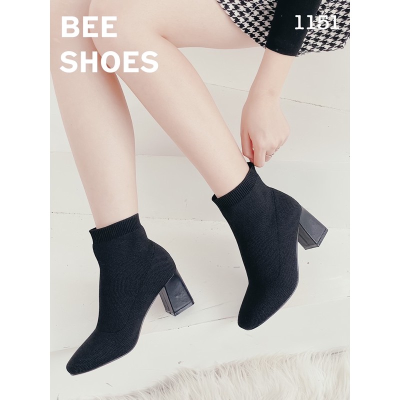 BEESHOES - GIÀY BOOT NỮ LEN MŨI TRÒN TRƠN CỔ THẤP - GIÀY BỐT NỮ MŨI TRÒN ĐẾ VUÔNG CAO 6 PHÂN SẴN MÀU ĐEN - KEM 201151