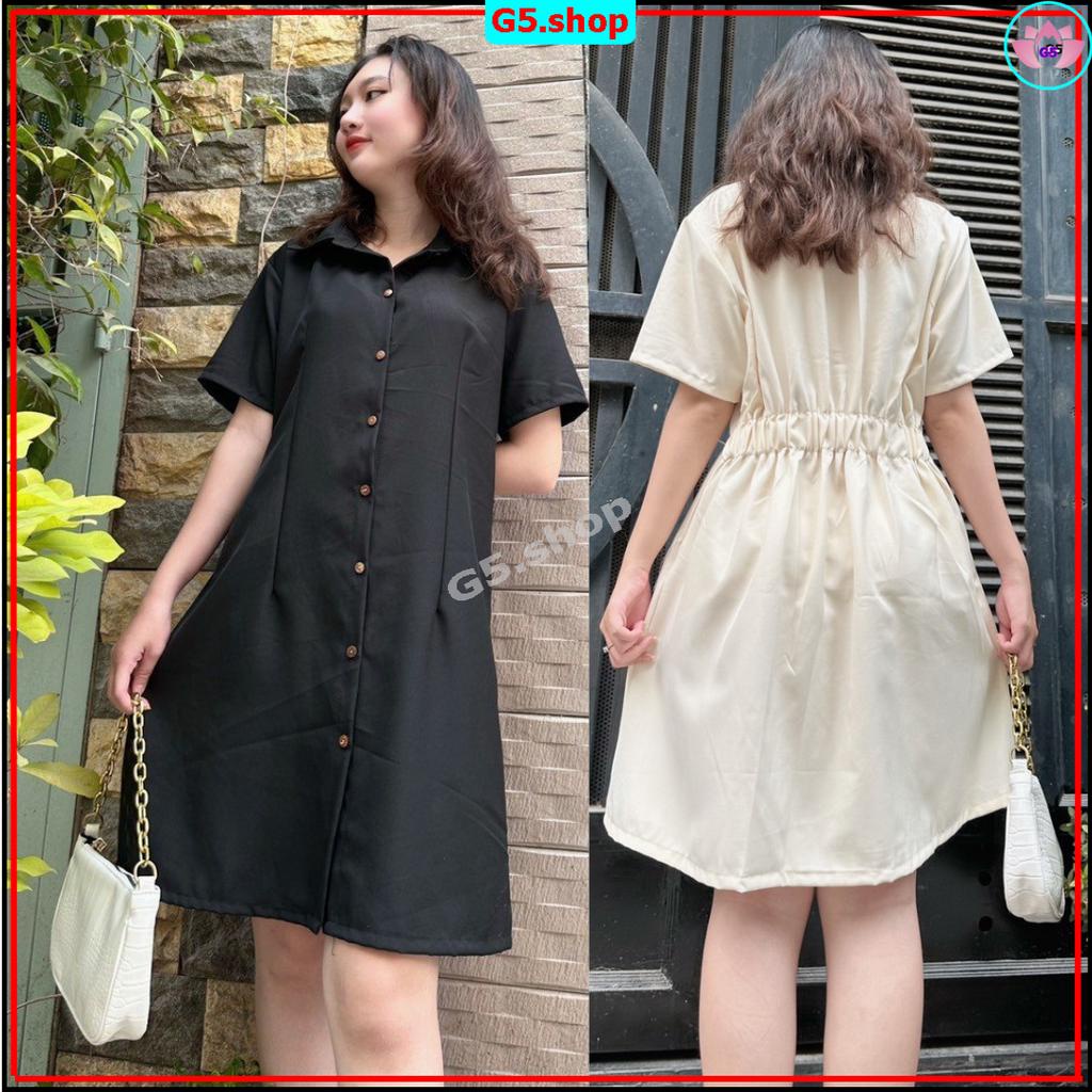 Đầm váy nữ xinh cộc tay sơ mi basic cổ polo cài cúc chiết eo lưng chun đen, trắng, kem, nâu thời trang chất kaki đẹp G5