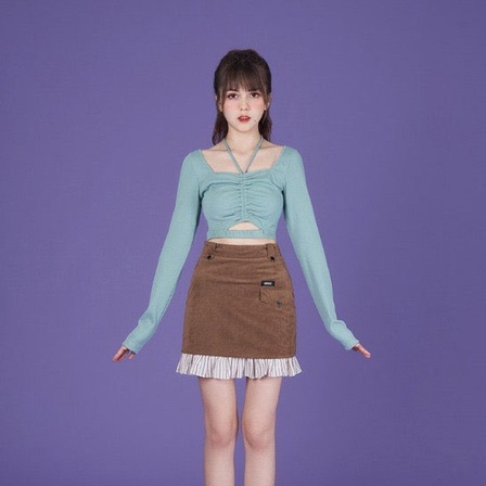 Áo croptop dài tay HAGA áo thun chun eo dây rút rúm ngực ACERN63