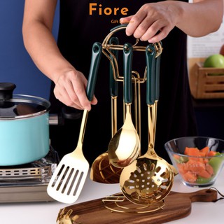 Dụng cụ làm bếp - bộ dụng cụ nấu ăn 7 món inox mạ vàng tay cầm gốm cao cấp