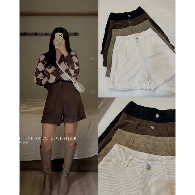 Quần short nhung tăm cạp cao gập gấu kèm belt ( Ảnh thật )
