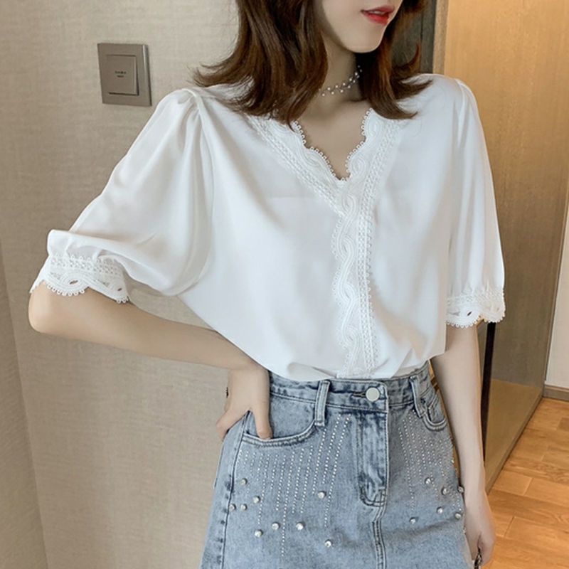 B&amp;G Áo Sơ Mi chiffon Tay Lửng Phối Ren Dáng Rộng Thời Trang Mùa Hè Hàn Quốc Cho Nữ Áo phông Nữ JL-TX-139