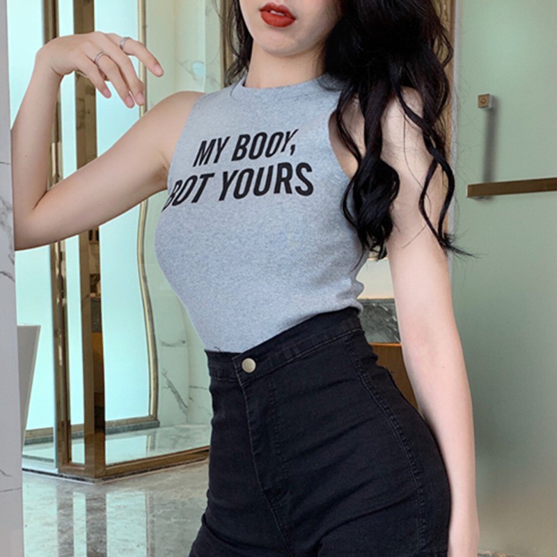 Áo Croptop sát nách cổ tròn hoạ tiết chữ cho phái nữ