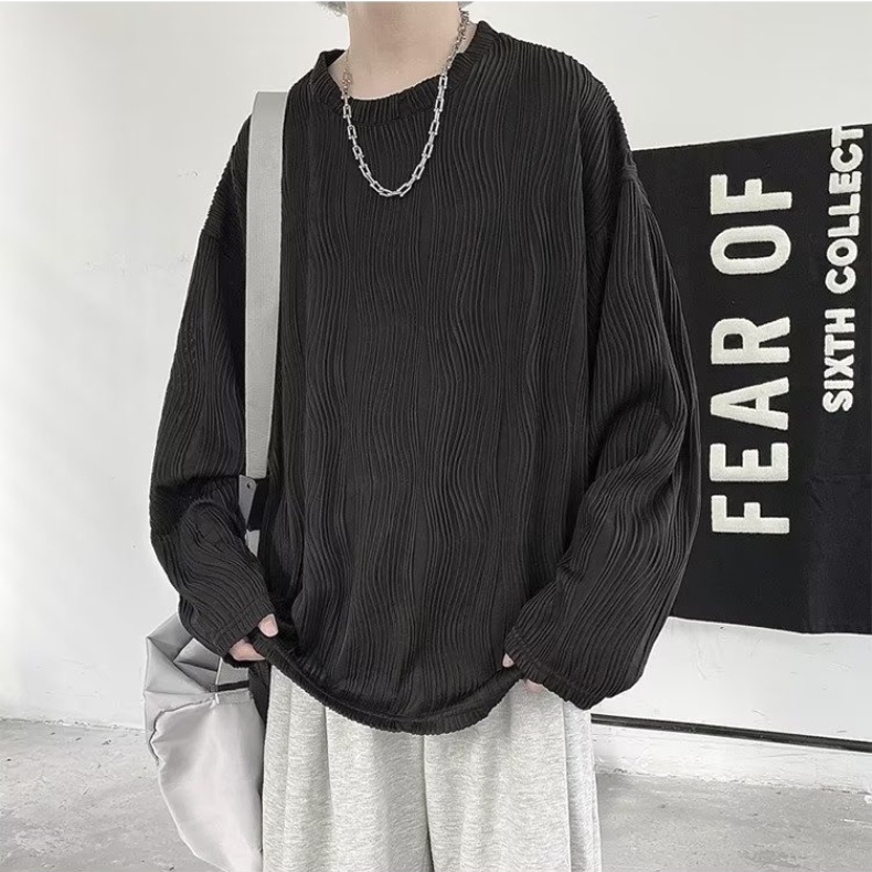 Áo Thun Tay Dài Cổ Tròn Bigsize Đơn Giản Thời Trang unisex Phong Cách Hàn Quốc nếp gấp kết cấu Cổ tròn Áo sơ mi dài tay tròn