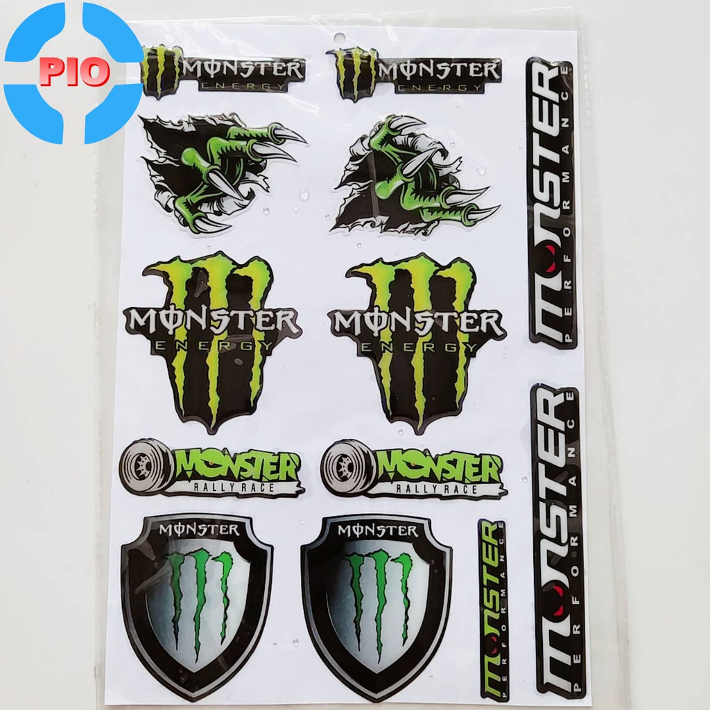 Bộ Tem Monster Dập Nổi Cao Cấp Dán Xe Máy, Ô Tô, Mũ Bảo Hiểm, Chống Thấm Nước, Chống Bay Màu