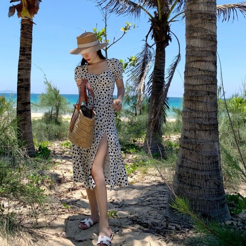 Đầm Dài Tay Phồng Cổ Vuông In Hoa Màu Trắng Phong Cách Pháp Thời Trang Mùa Hè Cho Nữ