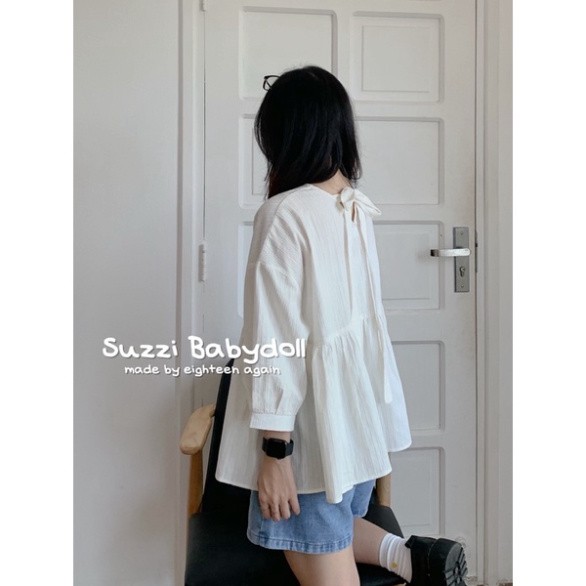 Áo sơ mi nữ babydoll buộc nơ sau - áo sơ mi  trắng tay lỡ babydoll phom thụng  thắt nơ sau , kiểu dáng hàn quốc