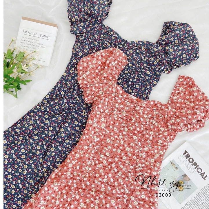 Đầm cổ vuông hoa nhí nhún eo ngực - D2009