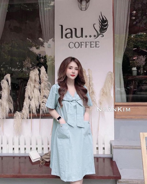 Váy suông đính nơ 2 túi xinh xắn 2 màu chất đũi