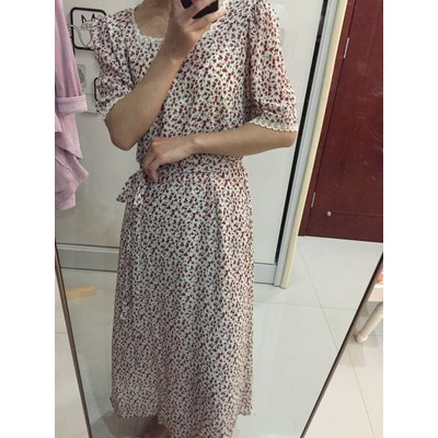 Váy hoa nhí vintage dáng dài cổ vuông loại 1 quảng châu - Jena Fashion