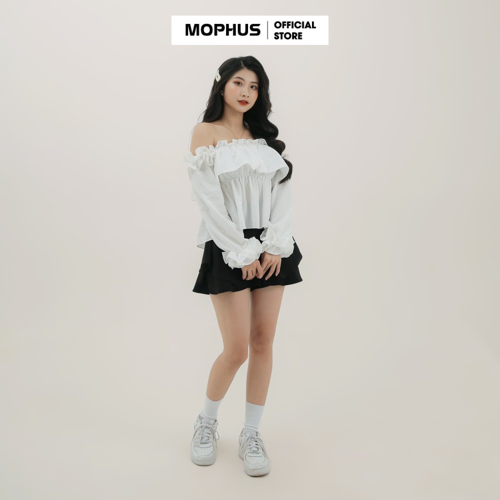 Áo trễ vai tay bồng béo nhún, áo hở vai tay dài bèo nữ loại thiết kế Mophus MA001