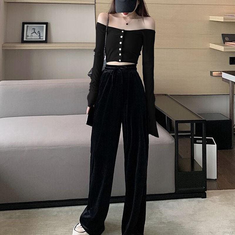 Áo croptop tay dài hở vai màu trơn trang trí nút thời trang cho nữ | BigBuy360 - bigbuy360.vn