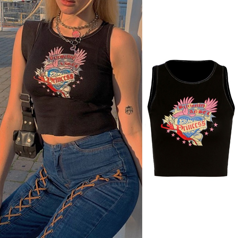 Xiangbao Áo Crop Top Không Tay Ôm Dáng Họa Tiết Truyện Tranh Trái Tim Chữ Vintage Harajuku Mùa Hè Cho Nữ