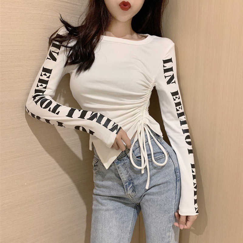 Áo Thun Nữ Tay Dài Dây Rút In Chữ