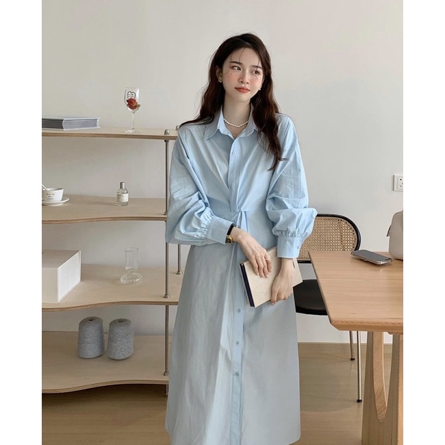 Đầm sơ mi xoắn eo