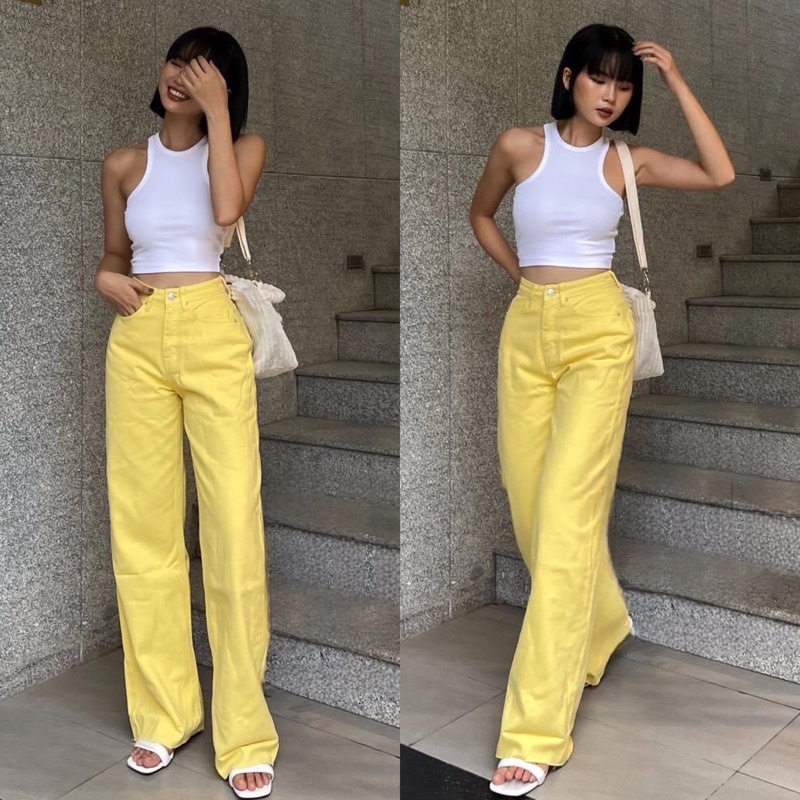 Quần Jean Suông Ống Rộng Dáng Dài Lai Cắt Lưng Cao Jeans Cotton Màu Hot Trend 2022