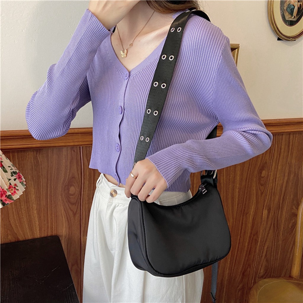 Túi Xách Đeo Chéo Nữ Vải Dù Cao Cấp Size 24 Dây Đeo Khoét Lỗ  Màu Đen Thiết Kế Đơn Giản Phong Cách Hàn Quốc