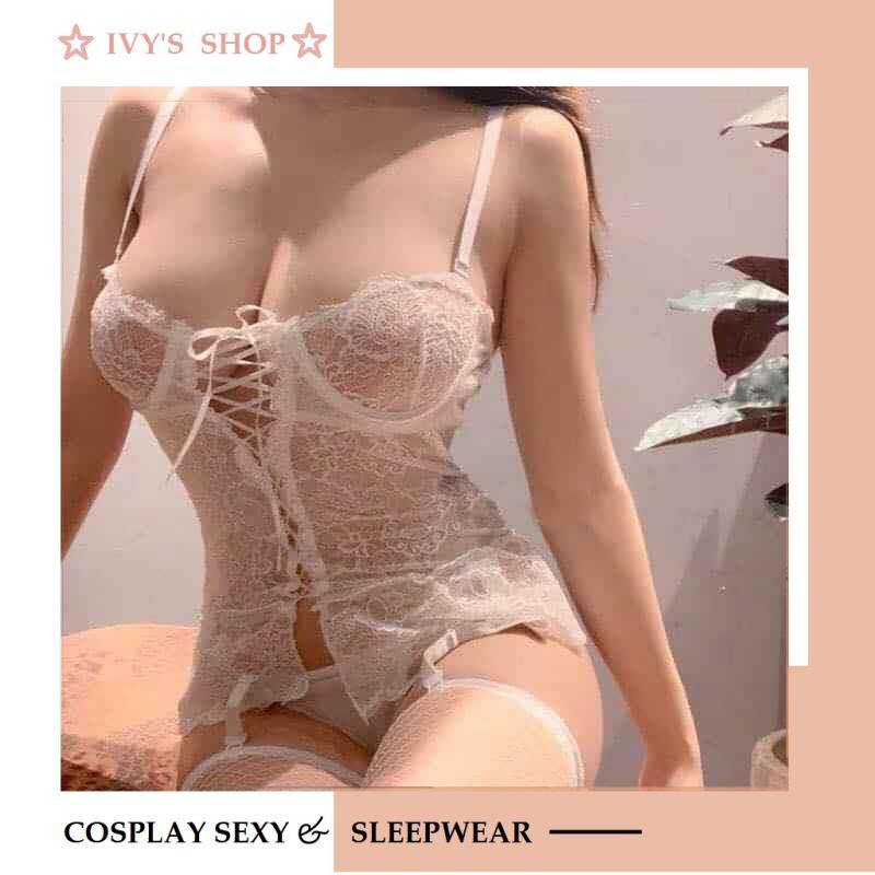 Bộ đồ ngủ bodysuit ren sexy liền kẹp tất - Corset ren có gọng mã GC001 - đen trắng (không tất) | BigBuy360 - bigbuy360.vn