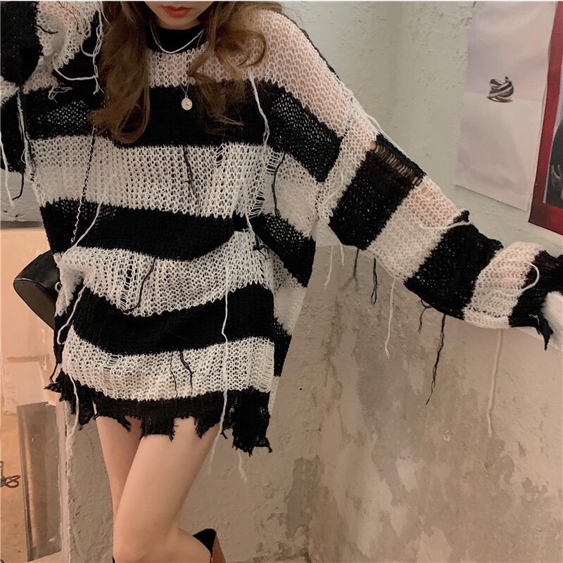 G39. 12. ÁO SWEATER LEN LƯỚI KẺ SỌC PHONG CÁCH CÁ TÍNH