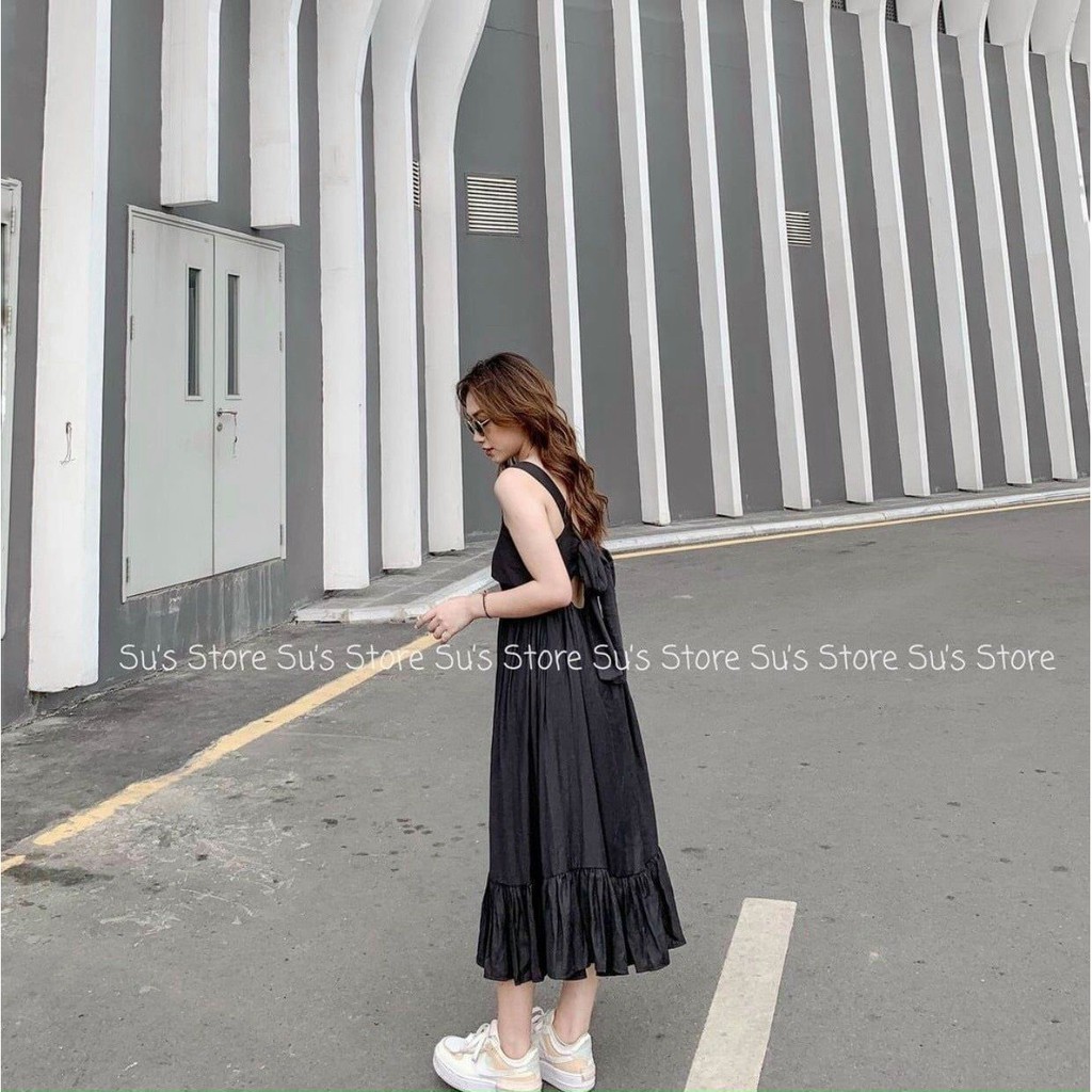 Váy buộc nơ lưng 2 màu freesize - Váy hai dây dáng maxi dáng suông phom rộng buộc nơ lưng chất đũi siêu mát C306