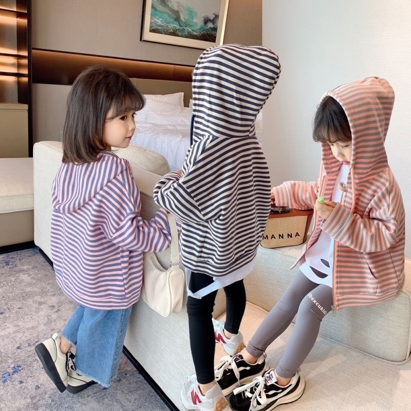 Áo khoác Cardigan có nón họa tiết sọc thời trang xuân thu cho bé gái