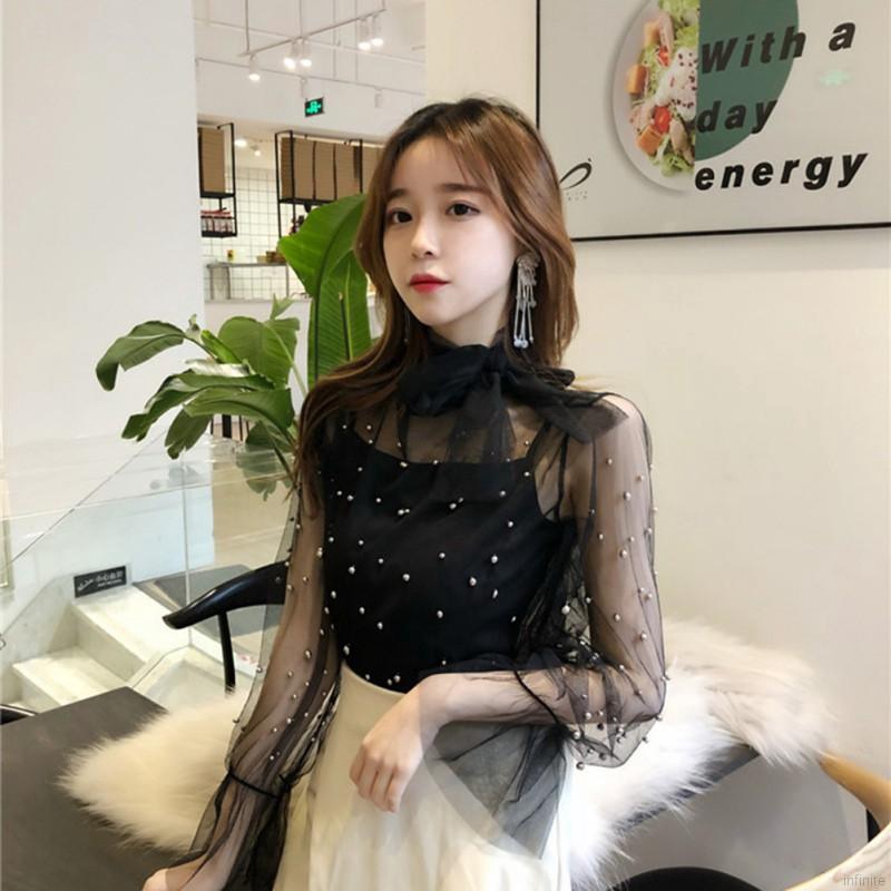 Áo kiểu cổ nơ tay dài ống loe phối lưới xuyên thấu thời trang cho nữ | BigBuy360 - bigbuy360.vn