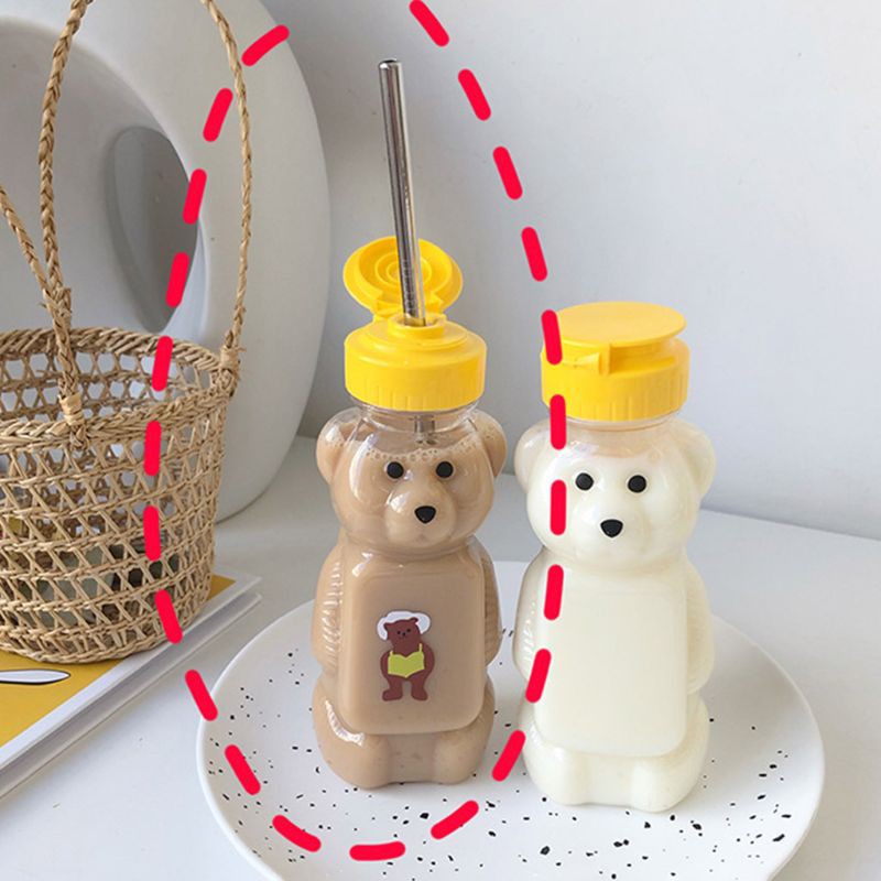 Bình nước du lịch hình gấu + ống hút có nắp đật chống rò rỉ 250ml dành cho bé