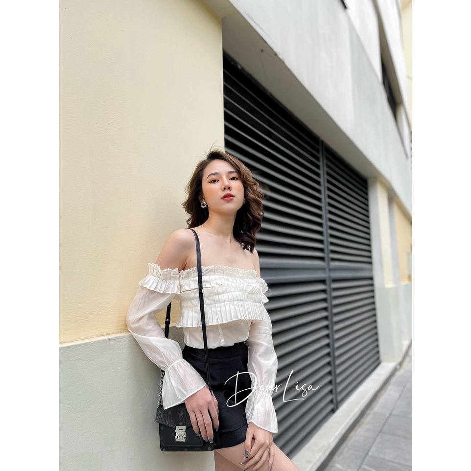 DearLisa-Áo kiểu trễ vai xếp ly ngực xinh xắn nữ tính