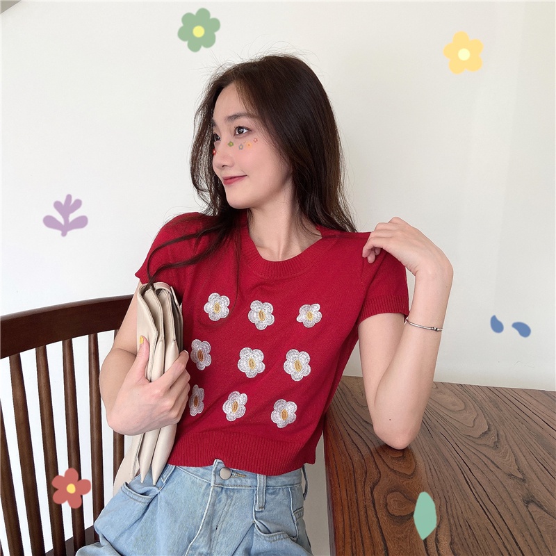 Áo thun NZN tay ngắn cổ tròn thêu hoa dành cho nữ