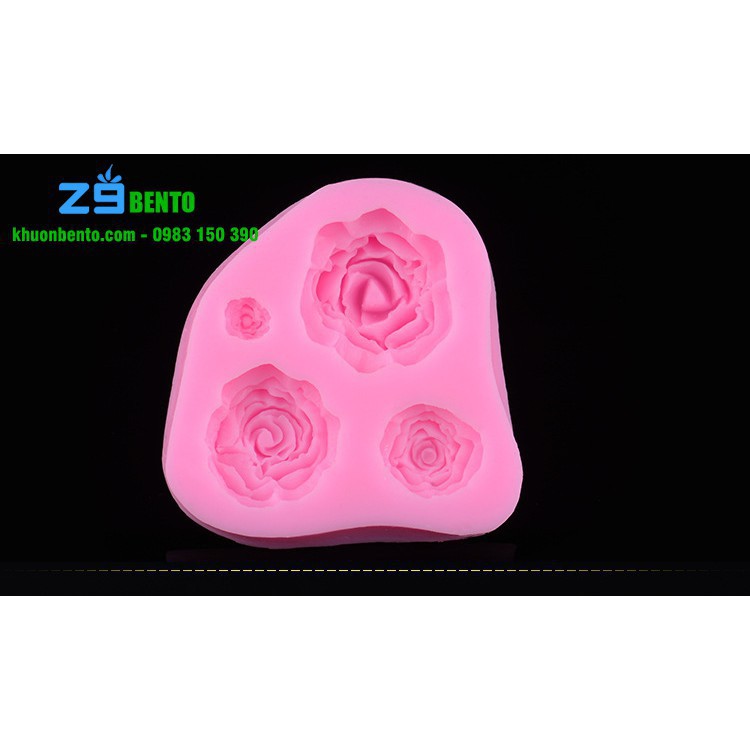 Khuôn silicon 4D hoa hồng 4 bông to nhỏ (6.5x7x1.8cm) - Cao cấp