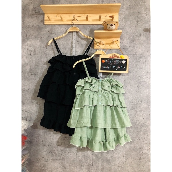 Set bộ 3 tầng quần ngắn viền bèo chất đũi mềm nhẹ thoáng mát
