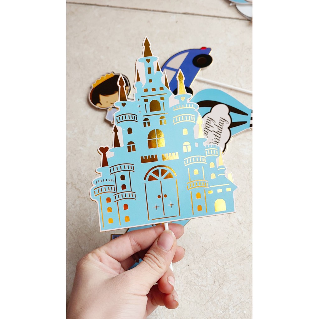 Bộ hình giấy hoàng tử công chúa lâu đài trang trí bánh (Ánh kim), set cắm giấy công chúa, thiên thần