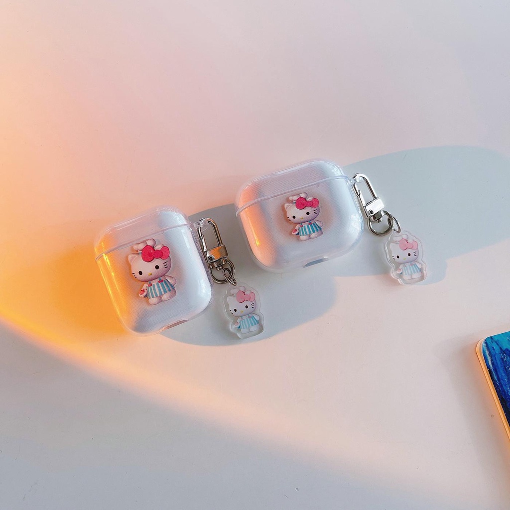Vỏ Bảo Vệ Hộp Sạc Tai Nghe AirPods 1 2 pro 3 2021 gen3 Bằng Silicon Tpu Mềm Trong Suốt Hình Mèo Kitty Dễ Thương Kèm Móc Treo Chống Thất Lạc