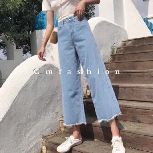 Quần bò nữ ống rộng cạp cao tua gấu phong cách Hàn Quốc chất đẹp - Quần bò ống rộng hottrend - CM Shop *