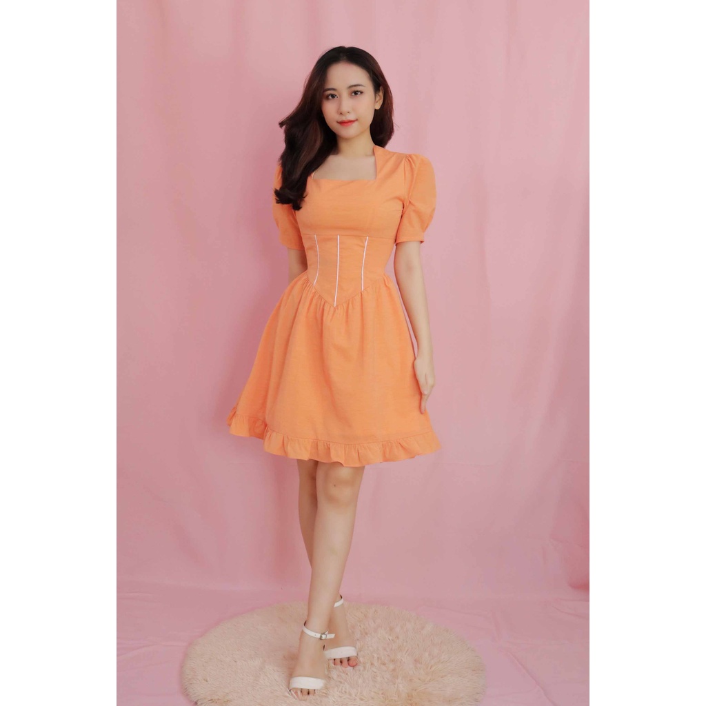 Đầm nữ đầm dự tiệc sang trọng thiết kế cổ vuông xòe tay phồng thanh lịch đi tiệc cưới đi chơi màu cam – Lux W