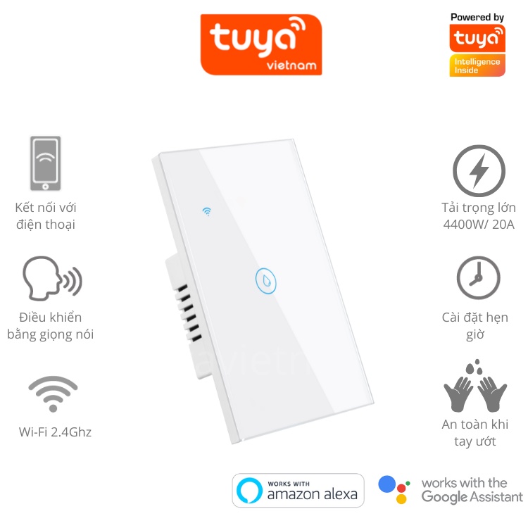 Công Tắc Điều Khiển Bình Nóng Lạnh Thông Minh TUYA Wifi + Bluetooth, Điện Áp Tối Đa 4400W / 20A, Cài Đặt Hẹn Giờ