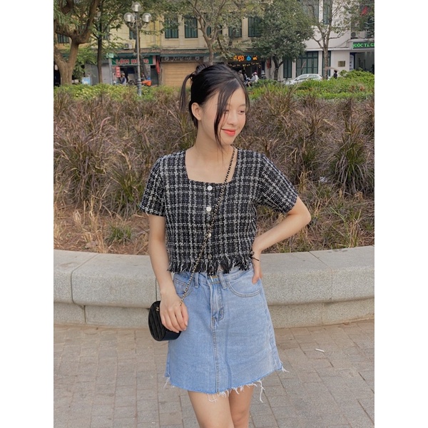 áo tweed cổ vuông ngắn tay TKA297 LOLLIE STUDIO