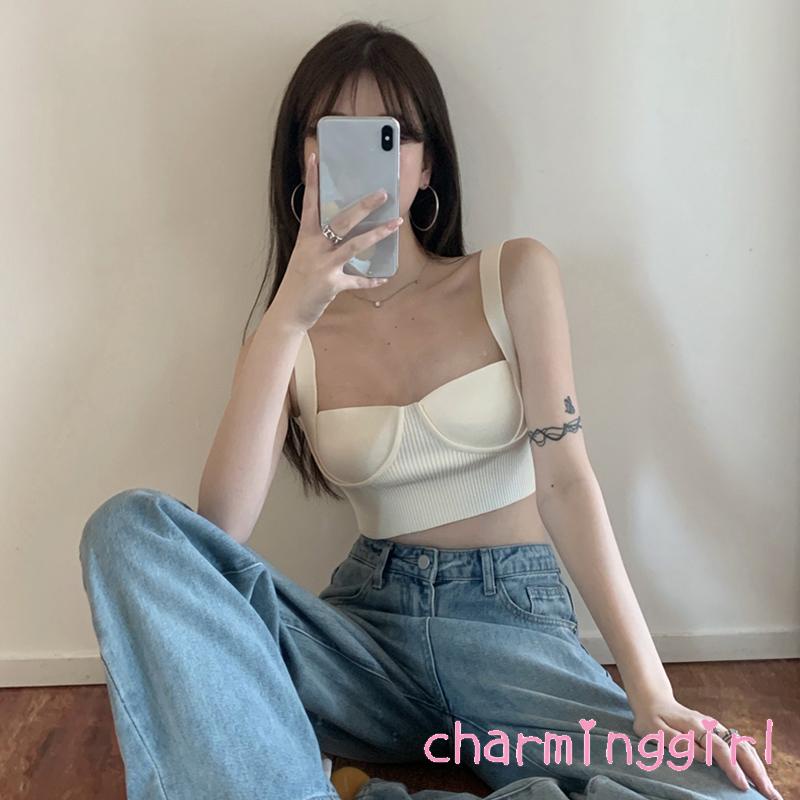 Áo croptop dệt kim màu trơn dây đeo vai bản rộng thời trang cho nữ