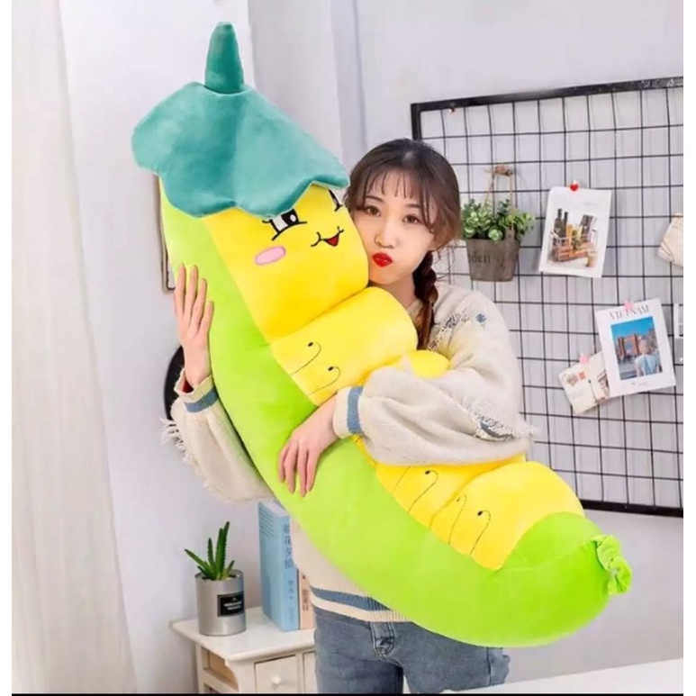 Gấu bông Sâu Khoai xanh đội lá kích thước 90cm siêu hót thú nhồi bông sâu dễ thương gấu bông...