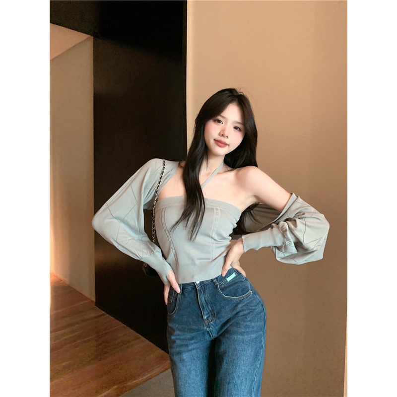 Set áo hai dây + áo khoác cardigan dệt kim phong cách thời trang hàn quốc