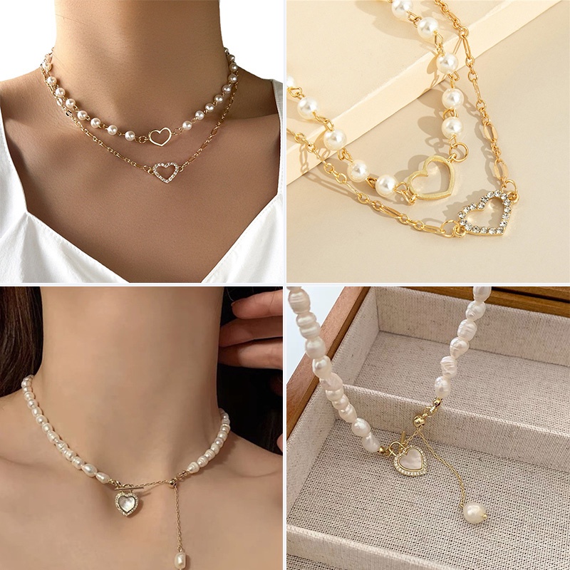 Dây chuyền RINHOO FRIENDSHIP 2 lớp đính ngọc trai giả mặt trái tim rỗng phong cách Âu Mỹ thời trang cho nữ