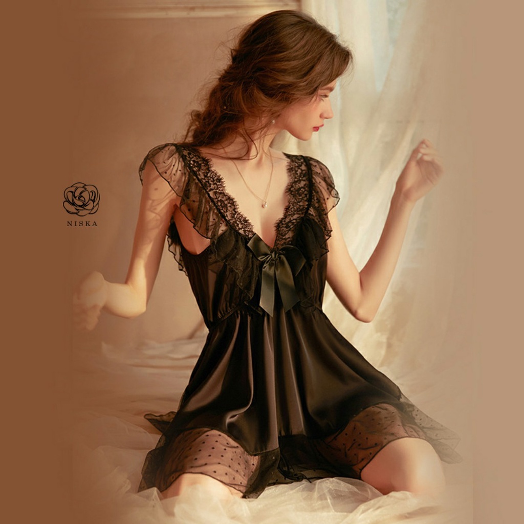Đầm ngủ satin phối voan (2 màu trắng và đen) - Mã D304