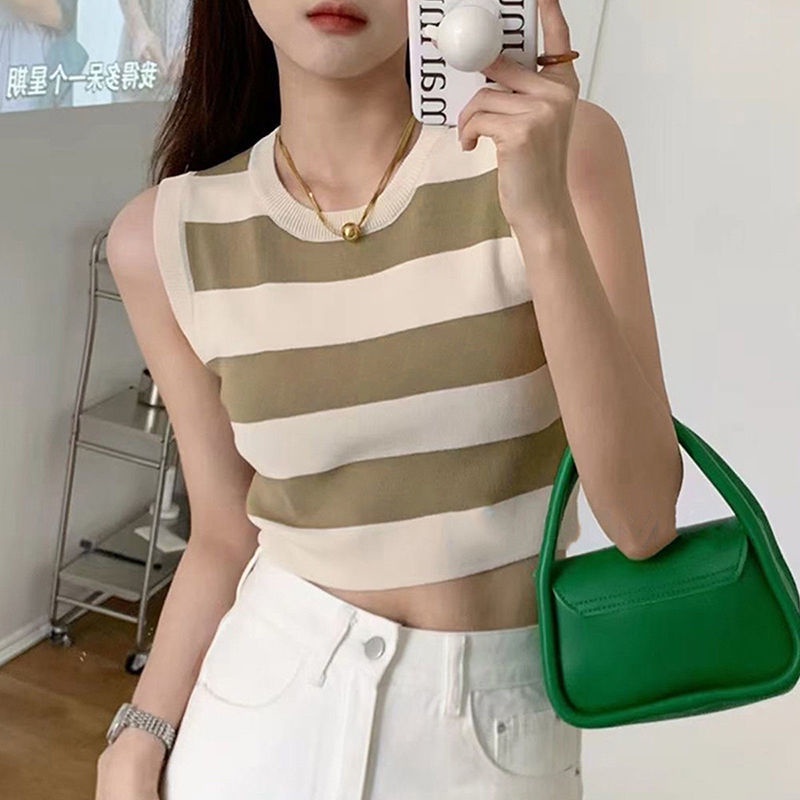 Áo Sweater Croptop Không Tay Họa Tiết Kẻ Sọc Thời Trang Cho Nữ