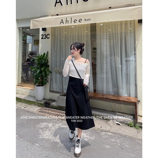 Set đầm midi 2s đen trơn basic kèm khoác crop lưới