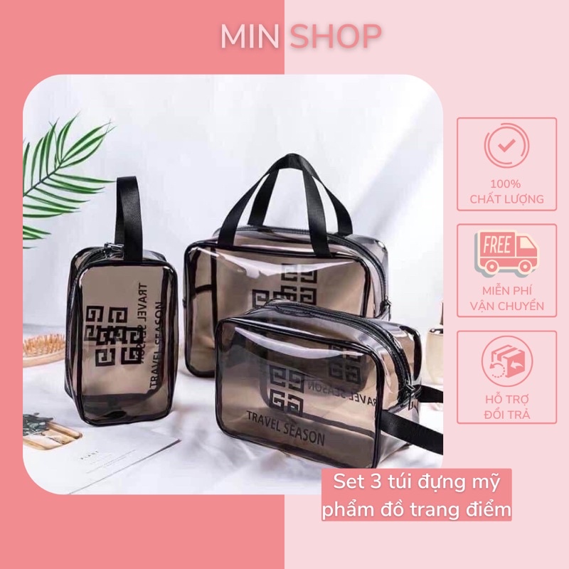 ( Chính Hãng) Set 3 túi đựng mỹ phẩm đồ trang điểm chất liệu trong suốt thuận tiện du lịch có 3 kích cỡ