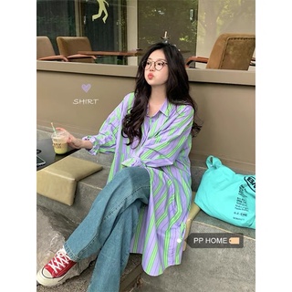 Áo sơ mi sọc tím xanh oversize