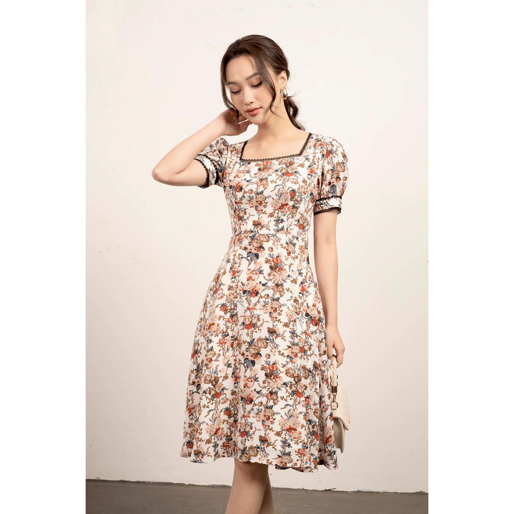 Đầm xòe cổ vuông, viền ren, tay cộc bồng MMOutfit M-DA061221388