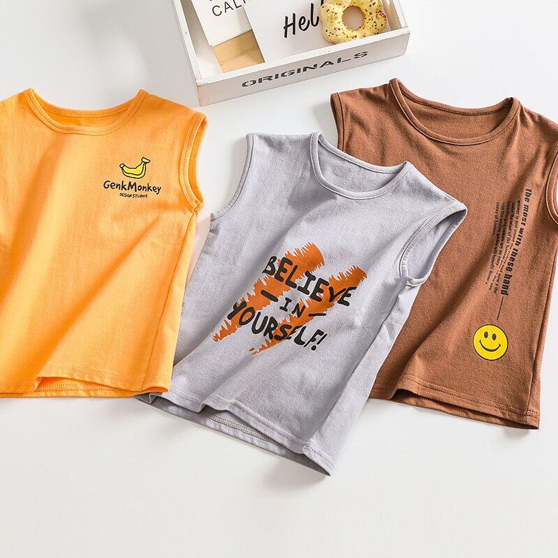 Áo Thun Sát Nách Vải Cotton In Hoạt Hình Dễ Thương Thời Trang Mùa Hè Cho Bé Trai Từ 4-9 Tuổi