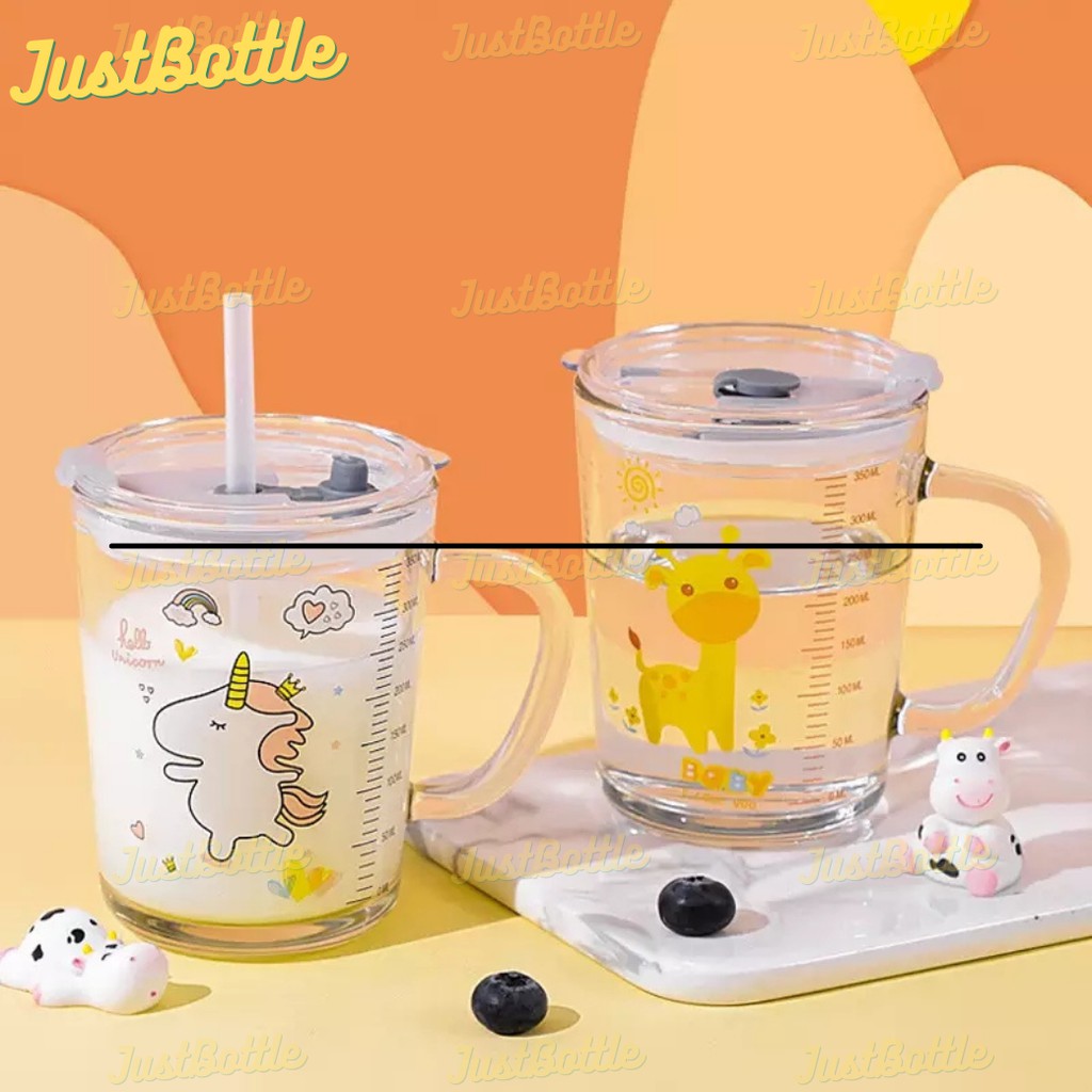 LY THỦY TINH CHIA VẠCH DỄ THƯƠNG CÓ QUAI NẮP 2 LỚP ĐẸP CHỊU NHIỆT CHO BÉ  CỐC THỦY TINH CUTE CHỐNG ĐỔ